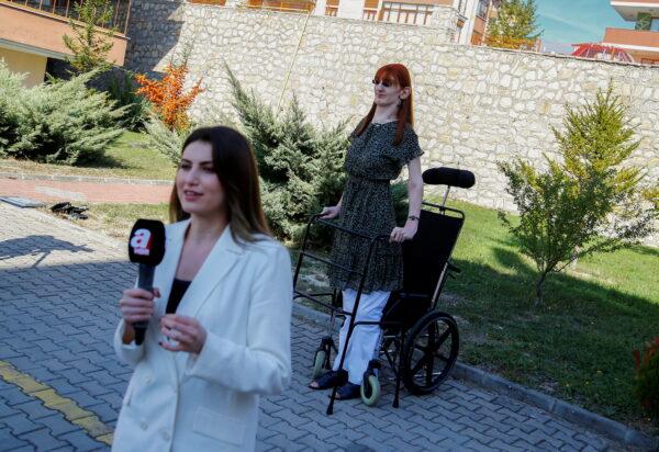 World's tallest woman Rumeysa Gelgi is seen during a press conference outside their home in Safranbolu, Karabuk province, Turkey, on Oct. 14, 2021. (Cagla Gurdogan/Reuters)