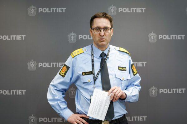 Chief of Police Ole Bredrup Saeverud talks during a press conference in Tonsberg, Norway, on Oct. 14, 2021. (Terje Pedersen/NTB via AP)