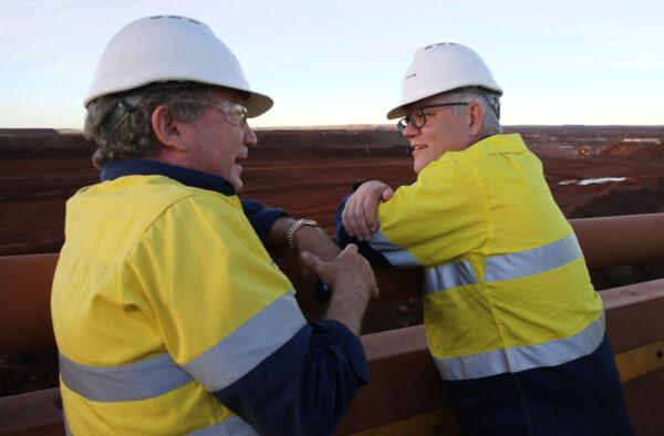 Prime Minister Scott Morrison tours Fortescue Metals Group's Christmas Creek mining operations with Fortescue Metals Group CEO Andrew Forrest in Karratha, Western Australia, on Apr. 15, 2021. (Justin Benson-Cooper/The West Australian via Getty Images)