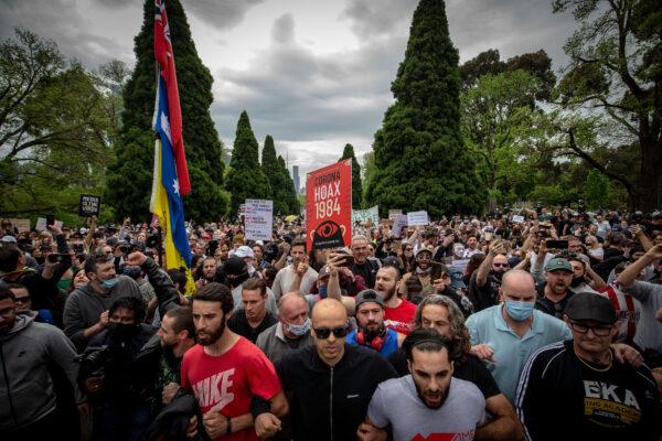 A large crowd gathered to protest lockdown restrictions at the Shrine of Remembrance in Melbourne, Australia, on Oct. 23, 2020. (Darrian Traynor/Getty Images)