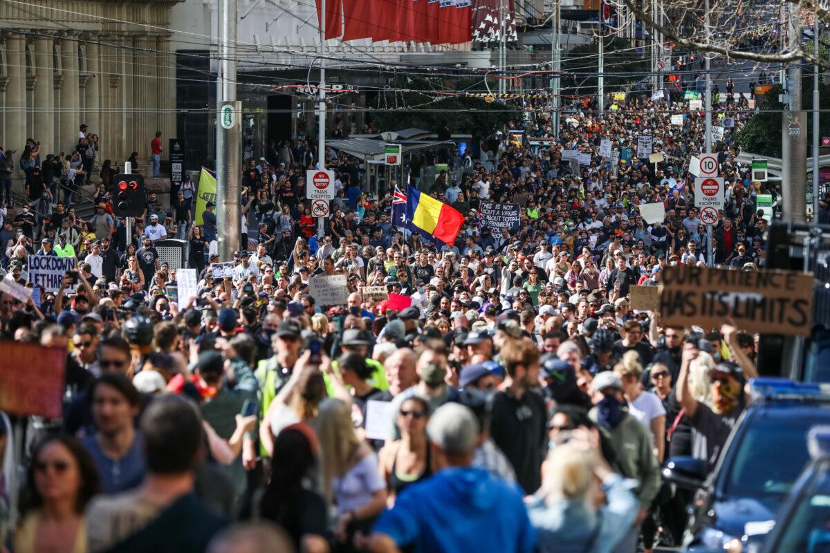 Protesters march against lockdowns, in Melbourne, Australia, on Aug. 21, 2021. (Getty Images)