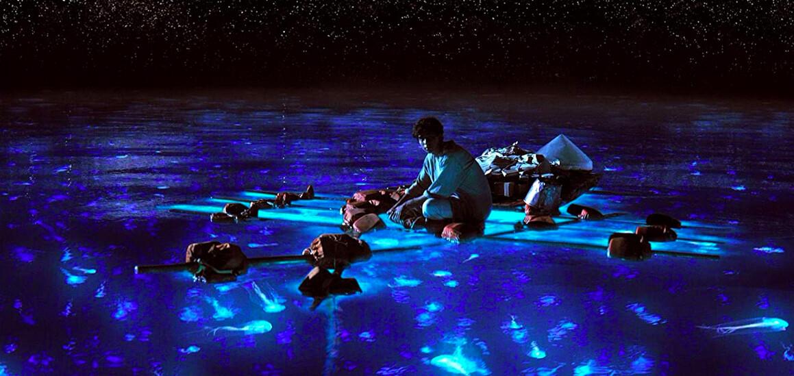 Pi Patel (Suraj Sharma) on his hand-made life raft at night, in “Life of Pi.” (Rhythm & Hues/Twentieth Century Fox Film Corporation)