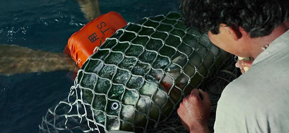 Pi Patel (Suraj Sharma) nets a fish for dinner in “Life of Pi.” (Rhythm & Hues/ Twentieth Century Fox Film Corporation)