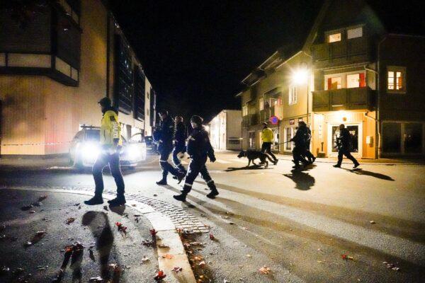 Police walk at the scene after an attack in Kongsberg, Norway, on Oct. 13, 2021. (Hakon Mosvold Larsen/NTB Scanpix via AP)