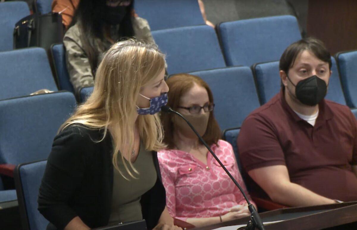 In this image from video, Fairfax, Virginia parent Stacy Langton is seen during a school board meeting in Fairfax County, Va., on Sept. 24, 2021. (The Epoch Times vis FCPS)
