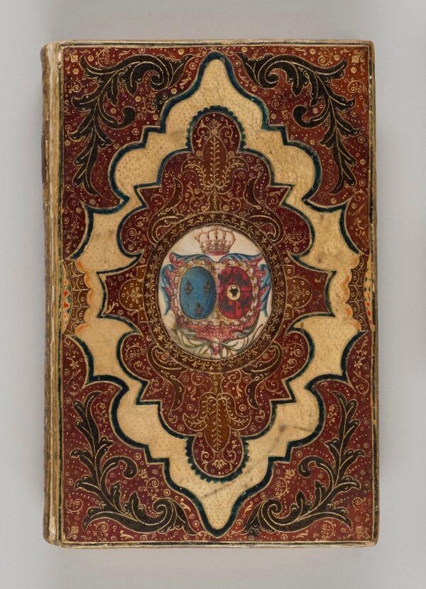 The front cover of "David's Psalter," 1725, bound for Queen Marie Leszczynska by binder Jacques-Antoine Derome. Mosaic binding in cream, black, and red Morocco leather, with individual gilt tooling. (Janny Chiu, 2021/The Morgan Library & Museum)