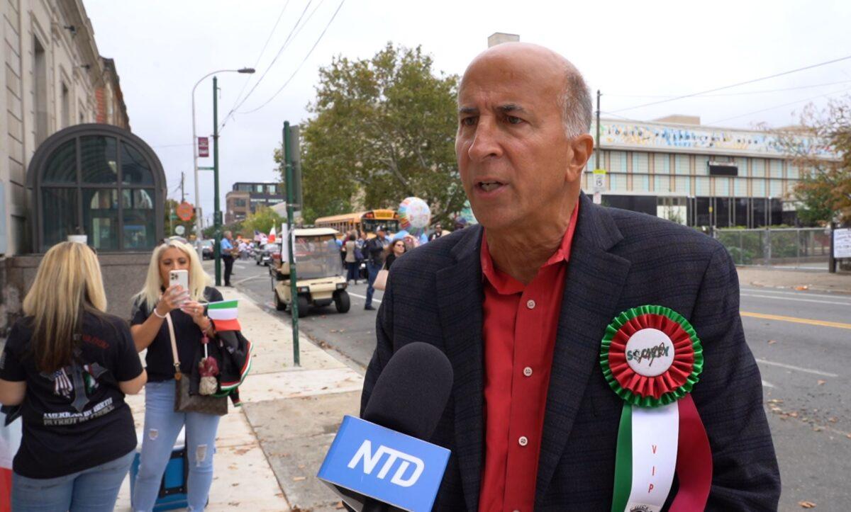 Screenshot of Philadelphia city councilman Mark Squilla, who sued Mayor Jim Kenney’s administration in federal court after the decision of renaming Columbus Day earlier this year, talks with the NTD reporter just before the Columbus Day parade in South Philadelphia, Pa., on Oct. 10, 2021. (Screenshot via NTD)
