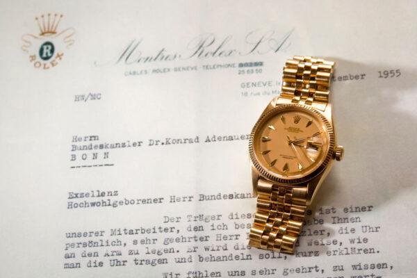 A Rolex watch given to late German chancellor Konrad Adenauer in 1955. (FABRICE COFFRINI/AFP via Getty Images)