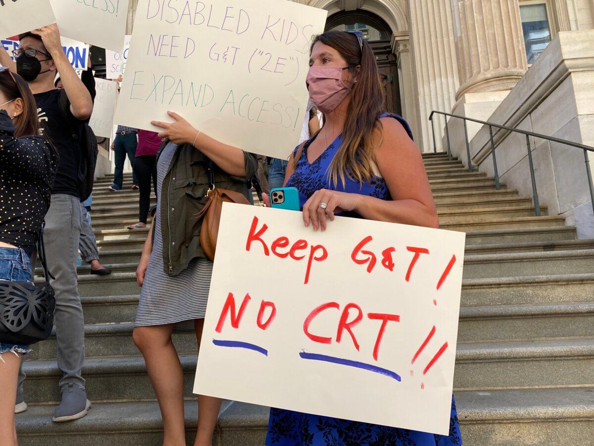 Protester outside the Department of Education headquarters to demand the preservation and expansion of the Gifted and Talented program, Manhattan, New York, Oct. 14, 2021, (Sarah Lu/The Epoch Times)