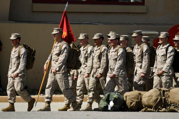 Marines who had been deployed to Afghanistan are seen at U.S. Marine Corps Base Camp Pendleton in Oceanside, Calif., on Oct. 3, 2021. (Patrick T. Fallon/AFP via Getty Images)