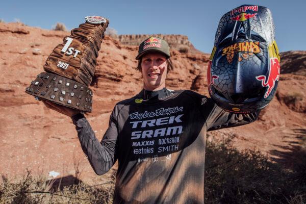 Brandon Semenuk celebrates victory at Red Bull Rampage 2021 in Virgin, Utah. (Bartek Wolinski / Red Bull Content Pool)