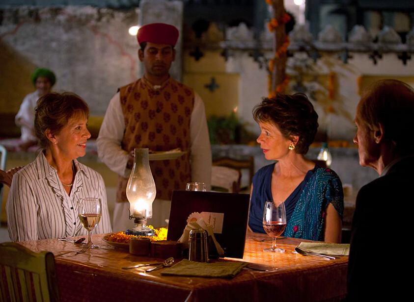 (Seated, L–R) Jean Ainslie (Penelope Wilton), Madge Hardcastle (Celia Imrie), and Douglas Ainslie (Bill Nighy) in "The Best Exotic Marigold Hotel." (Fox Searchlight Pictures)
