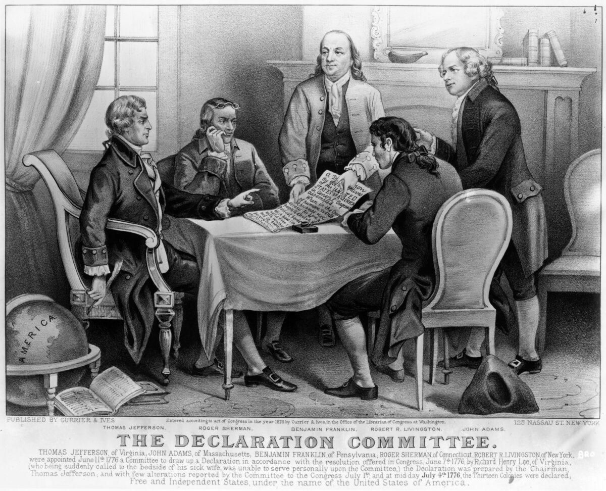The committee that drafted the Declaration of Independence. (L-R) Thomas Jefferson, Roger Sherman, Benjamin Franklin, Robert R Livingston, and John Adams. (MPI/Getty Images)