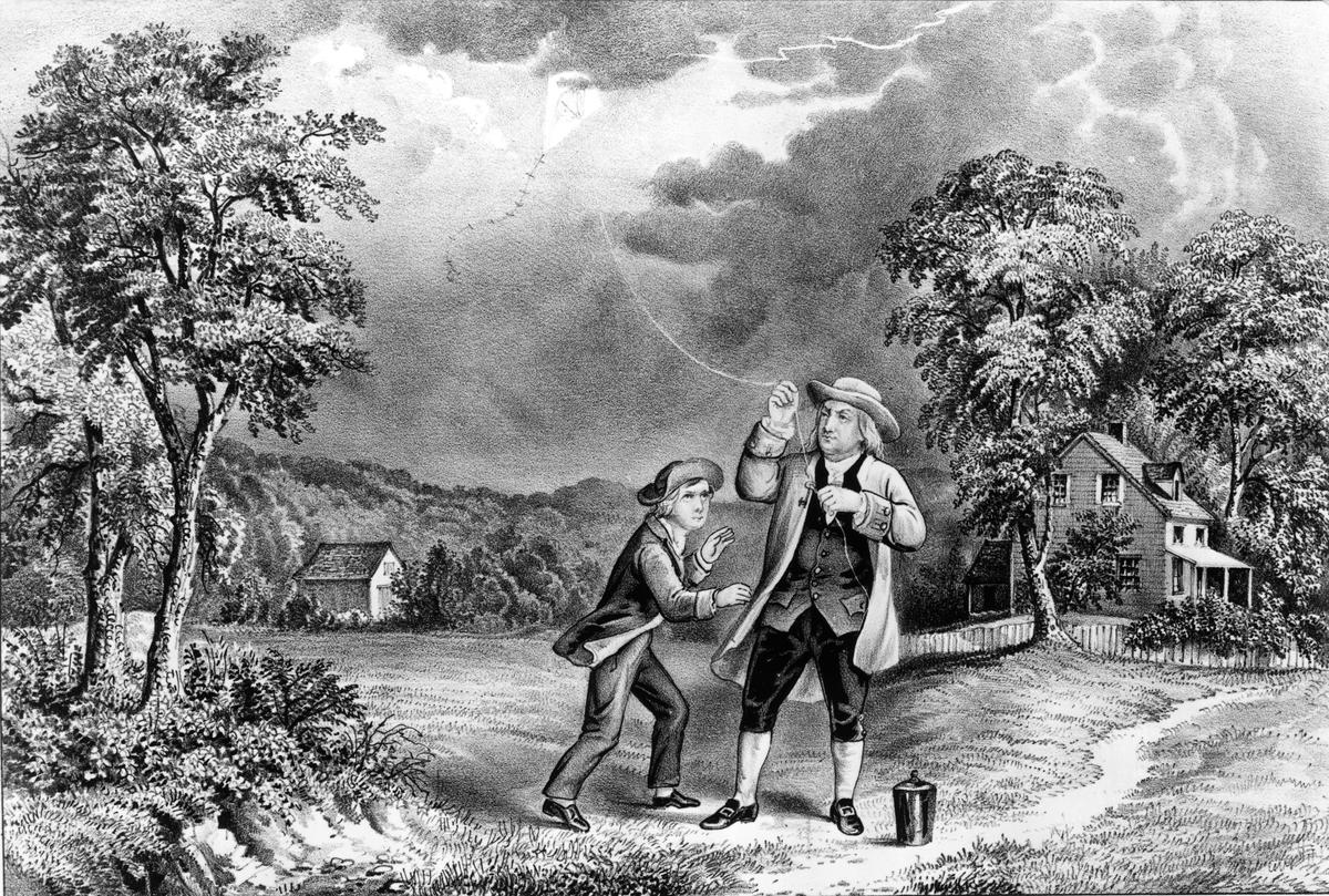 A Currier & Ives lithograph illustrates Benjamin Franklin's 1752 experiment proving that lightning is an electric phenomenon. (MPI/Getty Images)