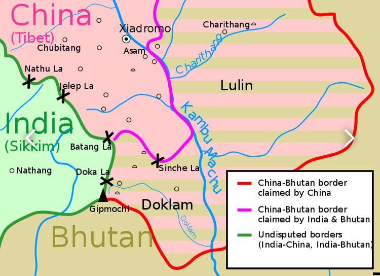 Map of Doklam and the other areas as claimed by India, China, and Bhutan. (Wikimedia Commons)