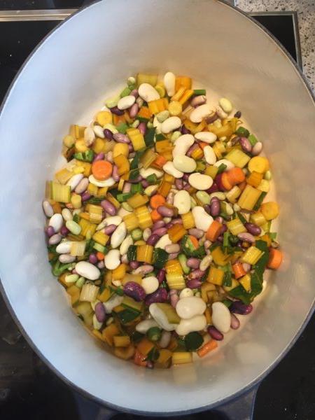 Minestrone in the making—a carnival of colors, shapes, and textures in the pot. (Eric Lucas)
