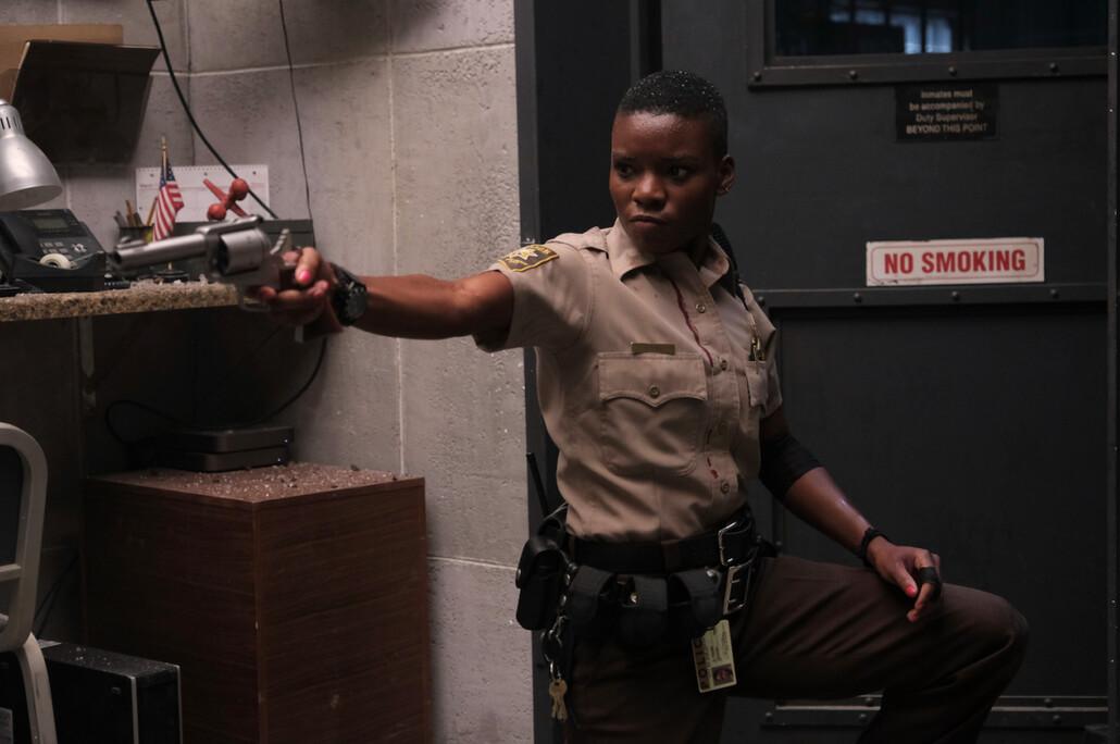 Valerie Young (Alexis Louder), a rookie cop, has a distinctly Dirty Harry style preference regarding her service revolver, in “Copshop.” (Kyle Kaplan/Open Road Films/Briarcliff Entertainment)