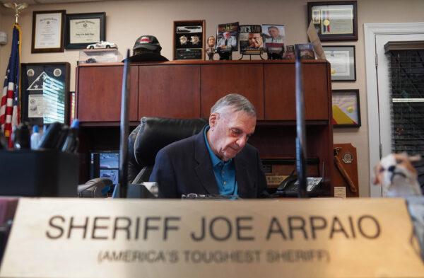 "America's Toughest Sheriff" Joe Arpaio sits at his office desk in Fountain Hills, Ariz., on Oct. 18., 2021. (Allan Stein/Epoch Times)