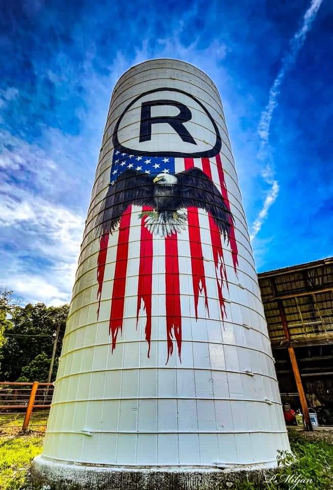 Eagle-themed mural on the side of a 100-year-old silo at Circle R Ranch in rural Neosho. (Courtesy of <a href="https://www.facebook.com/Sandra-Pemberton-Murals-104649388565523/">Sandra Pemberton</a>)