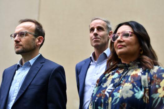 Greens Leader Adam Bandt, Senator Nick McKim and Senator Mehreen Faruqi during a press conference in the Senate Courtyard at Parliament House in Canberra, Australia, on May 12, 2021. (Sam Mooy/Getty Images)