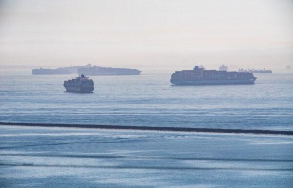 Ships await to enter the ports of Los Angeles and Long Beach on Oct. 14, 2021. (John Fredricks/The Epoch Times)
