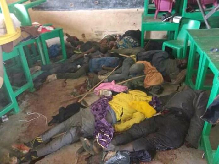 Corpses on a classroom floor after a massacre on Oct. 15, 2017, in Nkiedoro, Nigeria. (Lawrence Zongo/The Epoch Times)