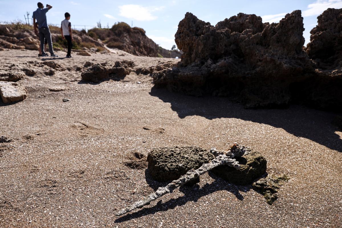 The sword lays on the beach near where it was recovered from the Mediterranean seabed by an amateur diver. (Reuters/Ronen Zvulun)