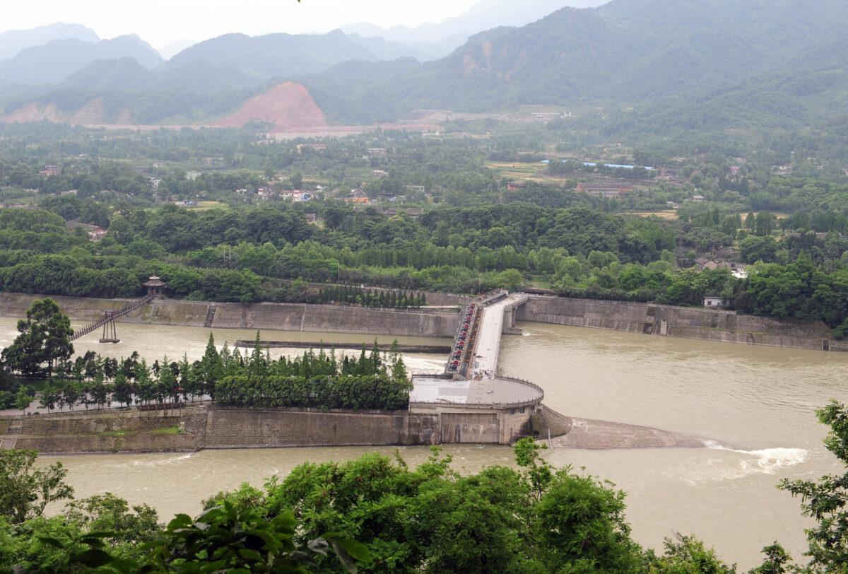 An overview of Dujiangyan's ancient irrigation system and surrounding fertile land in southwest China's Sichuan Province on May 21, 2008. (Frederic J. Brown/AFP via Getty Images)