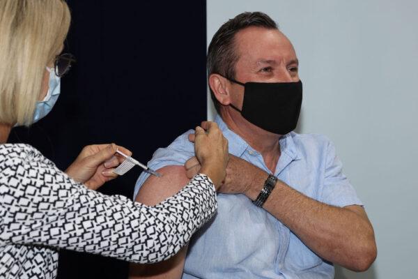West Australian Premier Mark McGowan receives an AstraZeneca COVID-19 vaccine at Claremont Showgrounds in Perth, Australia, on May 3, 2021. (Photo by Paul Kane/Getty Images)