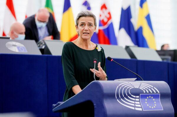 European Commission's executive Vice President Margrethe Vestager delivers a speech during a debate on EU-Taiwan political relations and cooperation at the European Parliament in Strasbourg, France, on Oct. 19, 2021. (Ronald Wittek/Pool via Reuters)