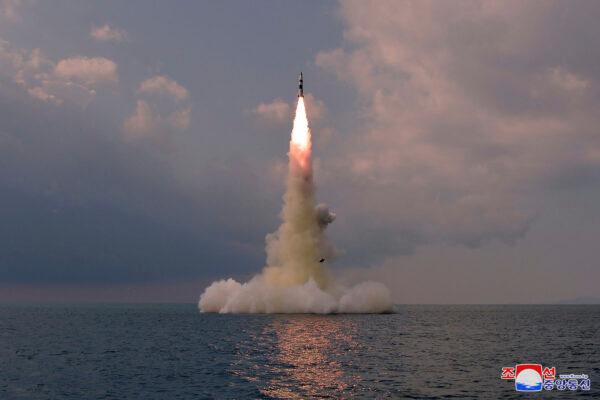 A ballistic missile launched from a submarine in North Korea, on Oct. 19, 2021. (Korean Central News Agency/Korea News Service via AP)