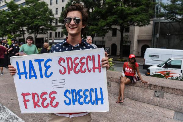 People participate in a “Demand Free Speech” rally on Freedom Plaza in Washington, D.C., on July 6, 2019. (Stephanie Keith/Getty Images)