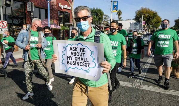 Members of small business owners take part in a “Save Small Business” protest in Los Angeles, Calif., on Dec. 12, 2020. (Ringo Chiu/AFP via Getty Images)