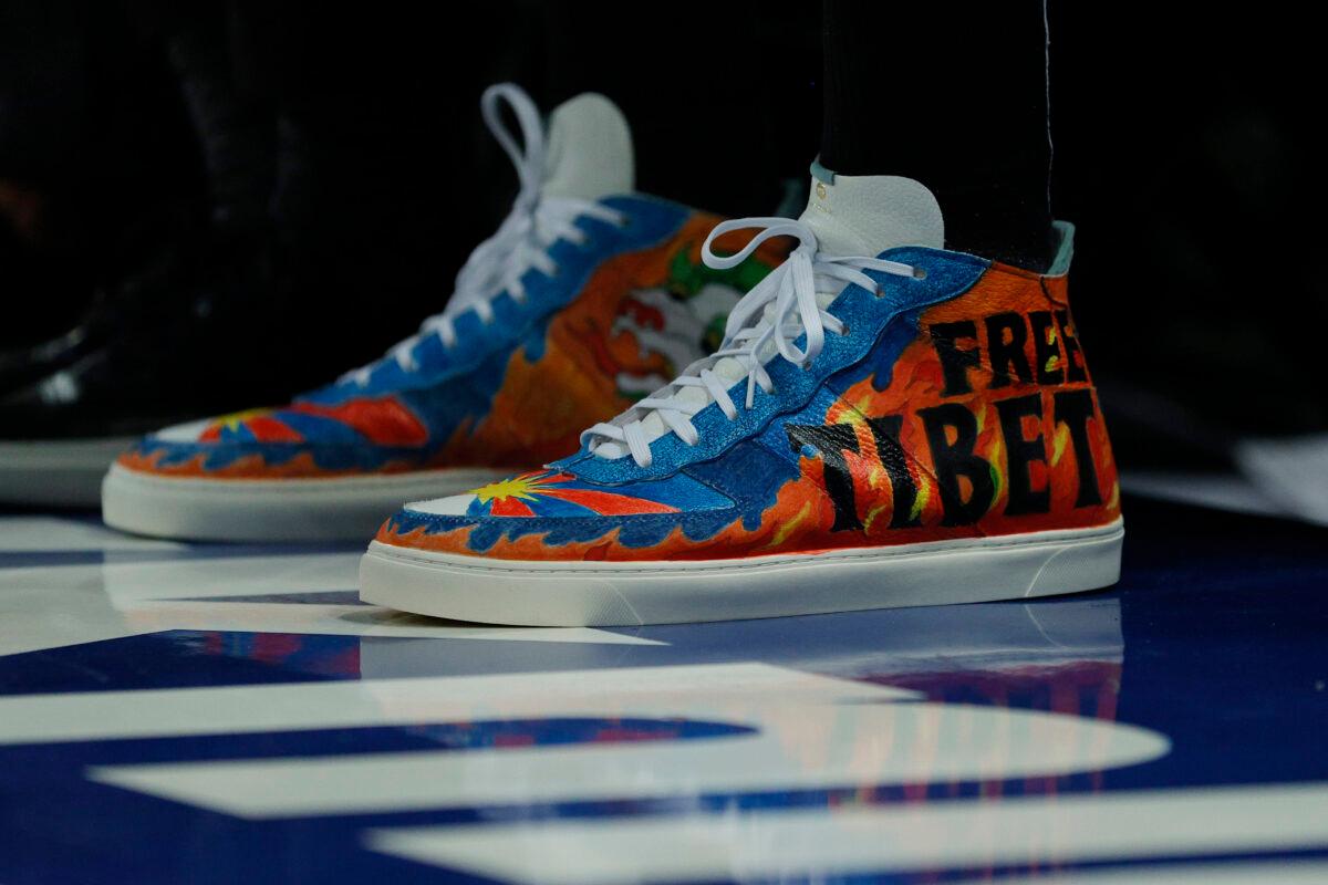 Detail of the shoes worn by Enes Kanter #13 of the Boston Celtics with the wording "Free Tibet" during the first half against the New York Knicks at Madison Square Garden in New York City, N.Y., on Oct. 20, 2021. (Sarah Stier/Getty Images)