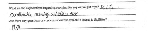 Excerpt from the Leon County School District’s transgender gender nonconforming student support plan, directing staff to keep all guidance regarding a 13-year-old daughter's new "non-binary" status secret "when speaking to parents," filled out in a secret meeting on Sept. 8, 2020. (Obtained by The Epoch Times from January and Jeffrey Littlejohn in August 2021.)