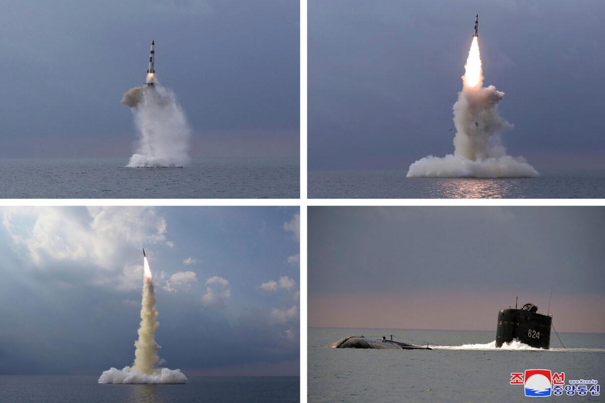A ballistic missile launched from a submarine in North Korea, on Oct. 19, 2021. (Korean Central News Agency/Korea News Service via AP)