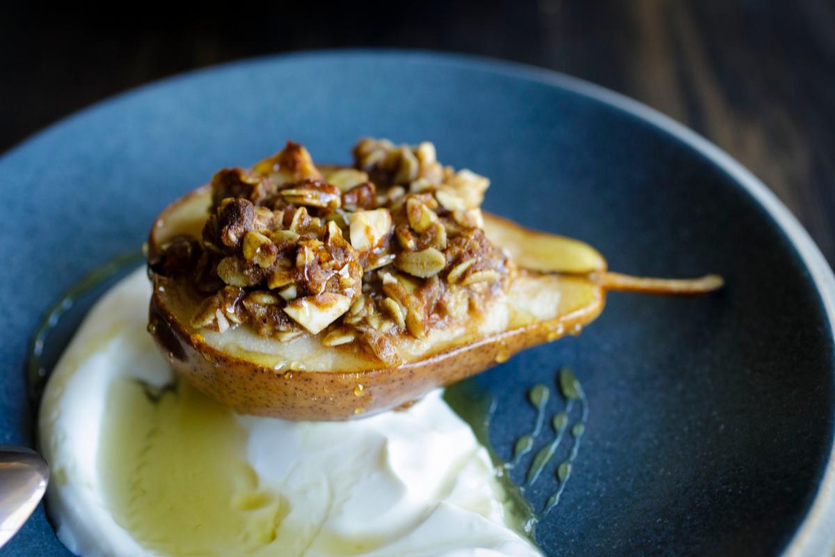 Roasted Pear Crumble With Honey Yogurt