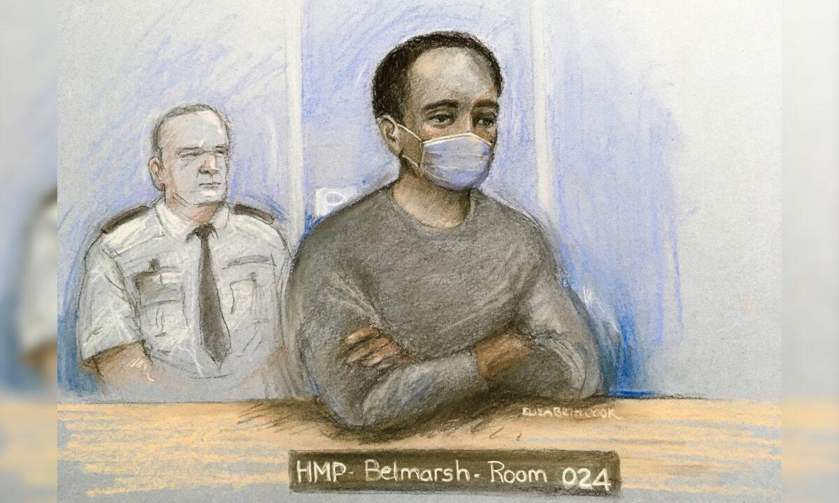 Court artist sketch by Elizabeth Cook of Ali Harbi Ali appearing at the Old Bailey in London by video link from HMP Belmarsh, a prison in London, on Oct. 22, 2021. (Elizabeth Cook/PA)
