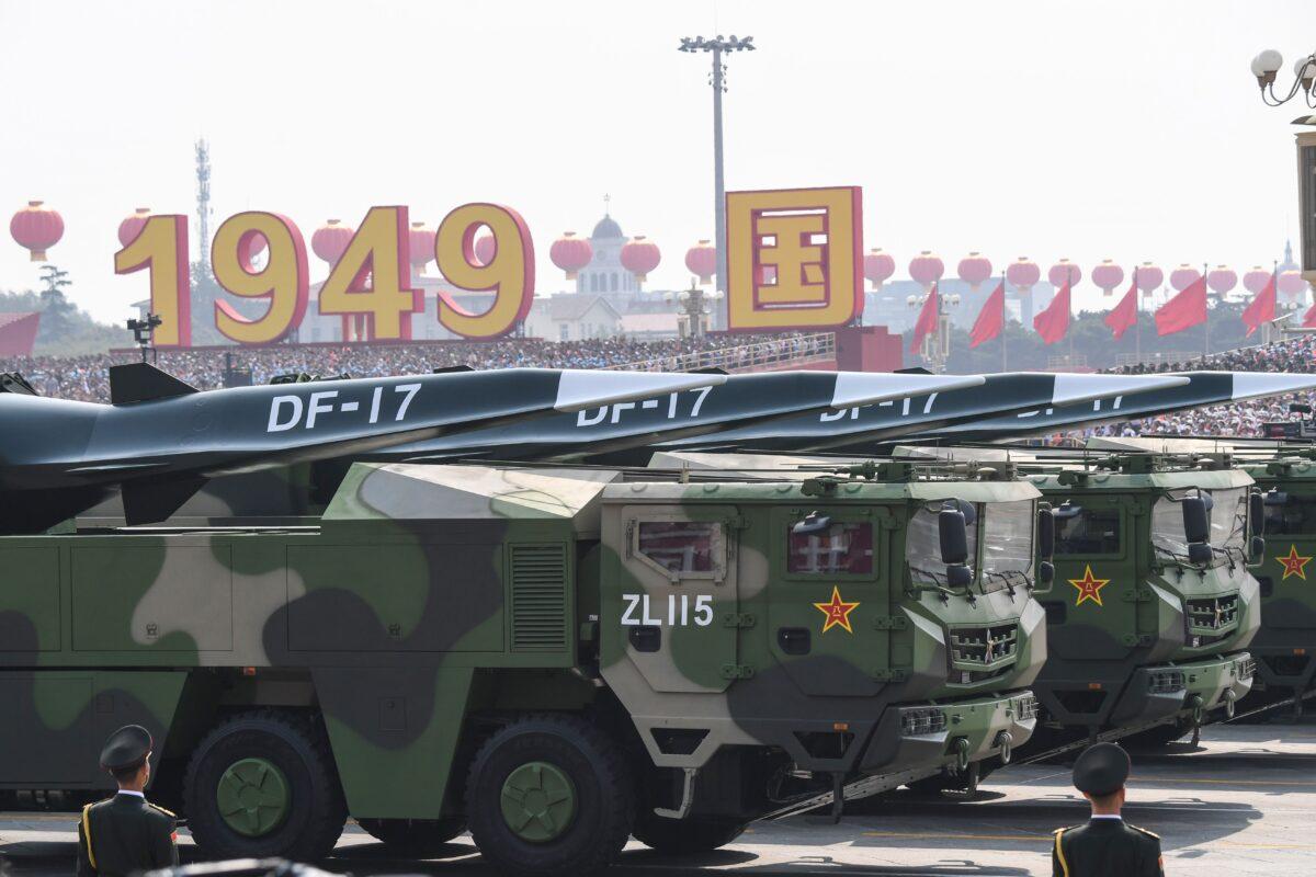 Chinese Communist Party military vehicles, which carry hypersonic DF-17 missiles believed to be capable of breaching all existing anti-missile shields deployed by the United States and its allies, participate in a military parade at Tiananmen Square in Beijing on Oct. 1, 2019. (Greg Baker/AFP via Getty Images)