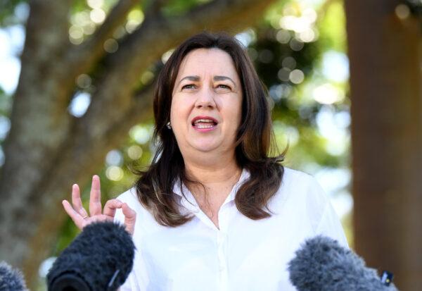 Queensland Premier Annastacia Palaszczuk gestures as she speaks during a press conference in Brisbane, Australia, on Oct. 3, 2021. (Dan Peled/Getty Images)