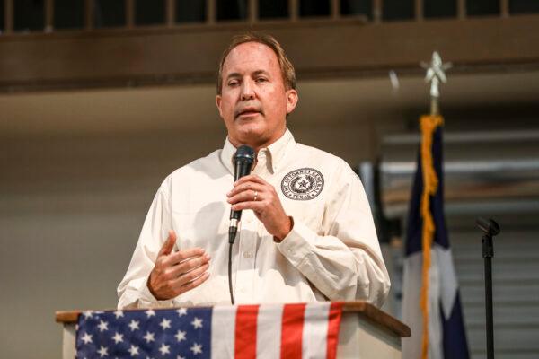 Texas Attorney General Ken Paxton speaks at a border town hall in Brackettville, Texas, on Oct. 11, 2021. (Charlotte Cuthbertson/The Epoch Times)