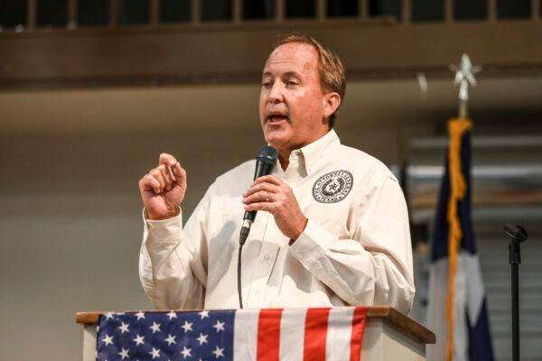 Texas Attorney General Ken Paxton at a border town hall in Brackettville, Texas, on Oct. 11, 2021. (Charlotte Cuthbertson/The Epoch Times)