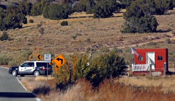 The Santa Fe County Sheriff's Officers respond to the scene of a fatal accidental shooting at a Bonanza Creek Ranch movie set near Santa Fe, N.M. on Oct. 21, 2021. (Luis Sanchez-Saturno/Santa Fe New Mexican via AP)