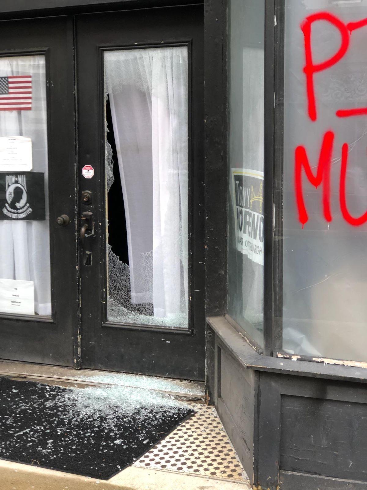 Pittsburgh Mayoral Candidate Tony Moreno’s campaign headquarters was vandalized in Pittsburgh, Pa., on Oct. 22, 2021. (Photo Courtesy of Patty Poloka, Moreno campaign manager )