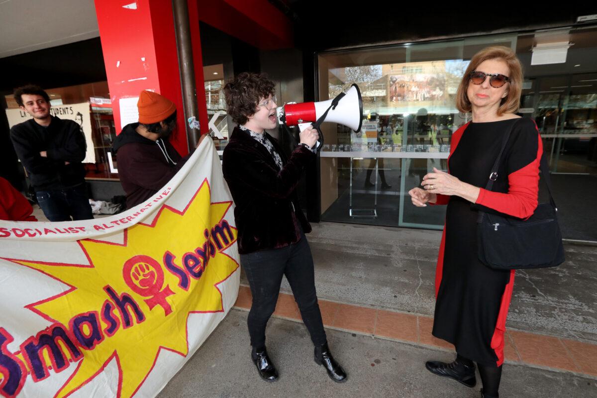Australian sex therapist Bettina Arndt is confronted by protesters from the Victorian Socialists at La Trobe University in Melbourne, Australia, on Sept. 6, 2018. (Supplied/David Geraghty/The Australian)