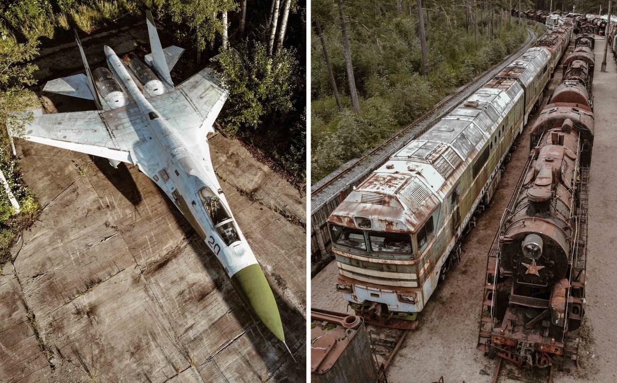 (Left) Su-27. Semi-abandoned military unit. Kronstadt; (Right) Stock site of the railway museum in the Leningrad oblast. (Courtesy of Caters News)