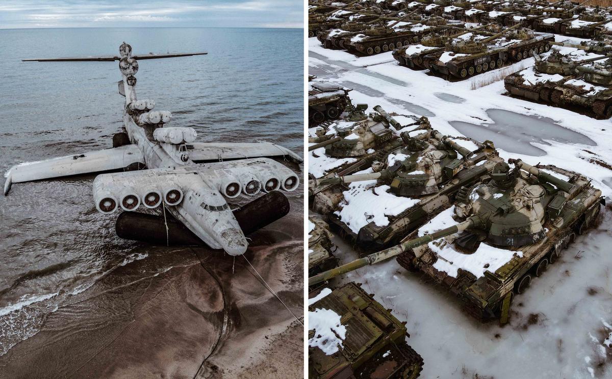 (Left) WIG "Lun"; (Right) Decommissioned T-80 tanks on the territory of an armored repair plant in the Leningrad oblast. (Courtesy of Caters News)