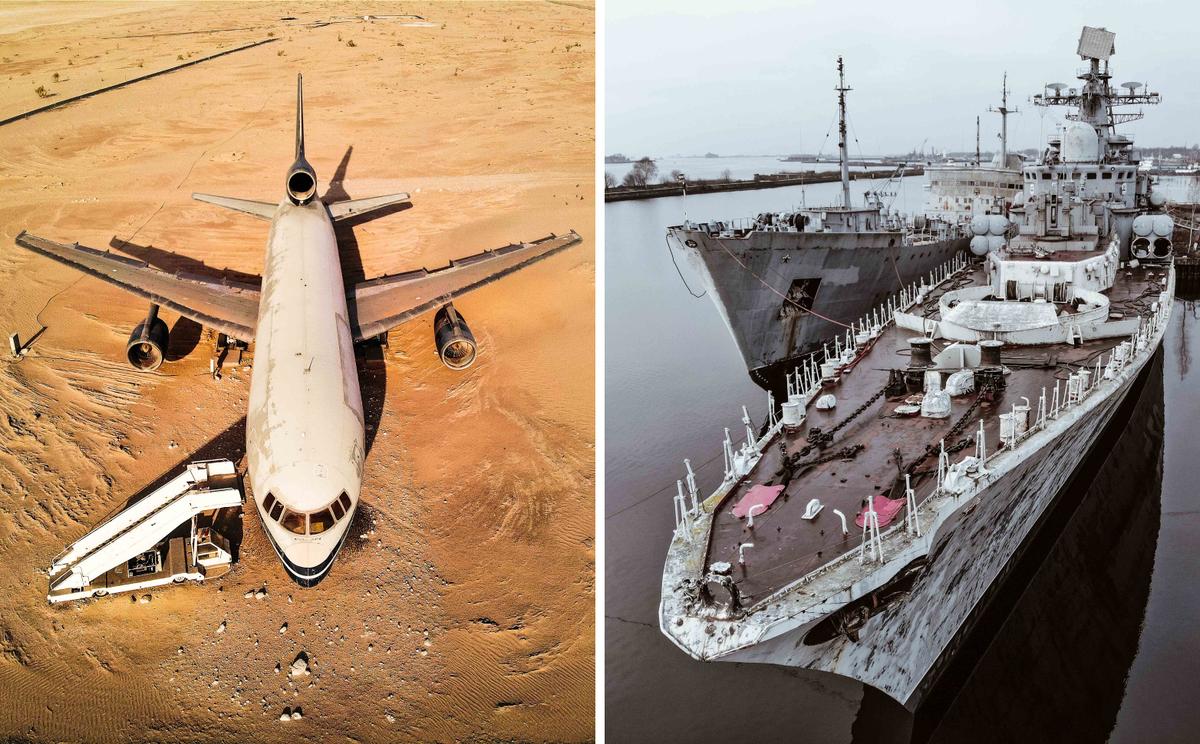 (Left) Lockheed TriStar L-1011. Desert Rub al-Khali. United Arab Emirates; (Right) Destroyer Rastoropny at the slop berth of the Kronstadt Marine Plant. (Courtesy of Caters News)