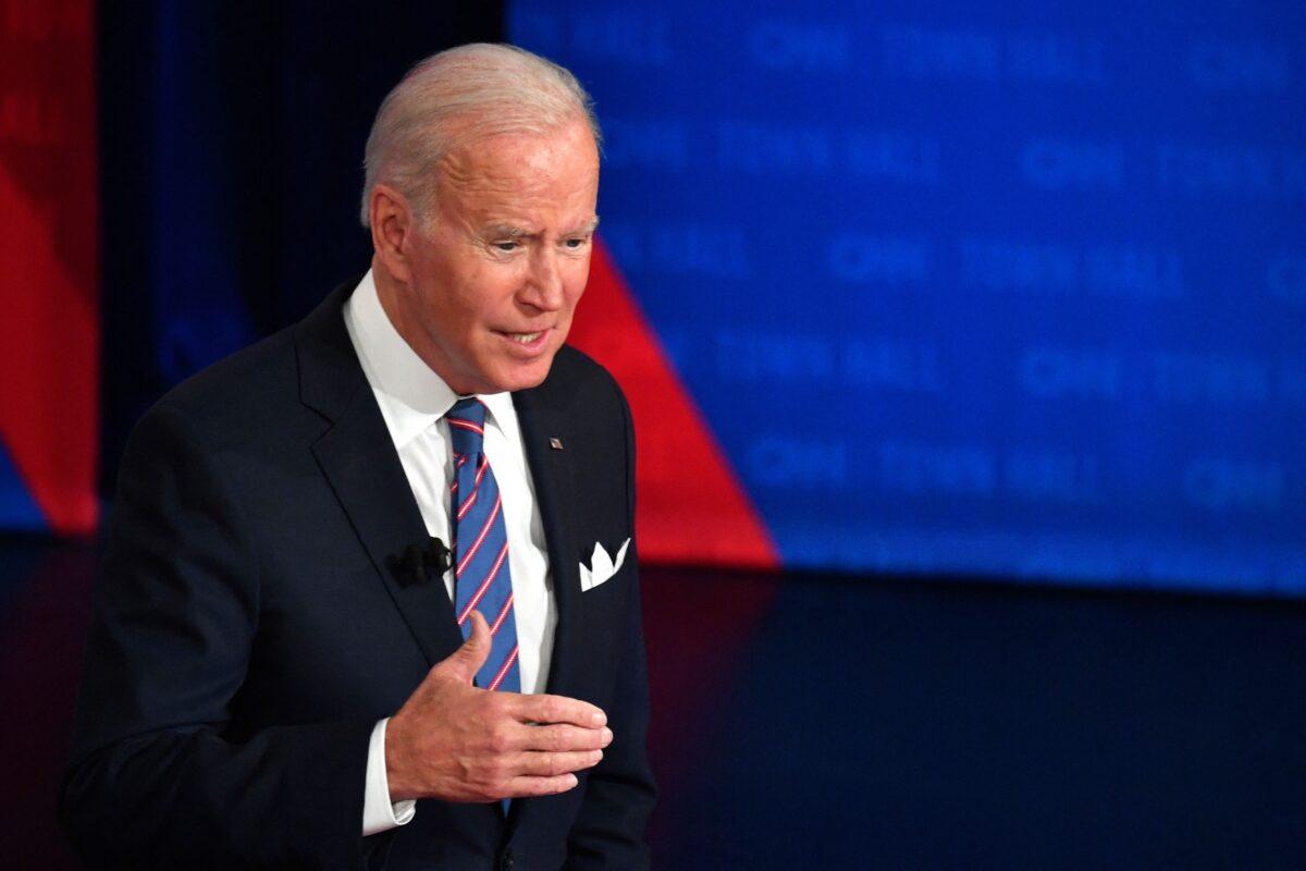 President Joe Biden participates in a CNN town hall at Baltimore Center Stage in Baltimore, Md., on Oct. 21, 2021. (Nicholas Kamm/AFP via Getty Images)