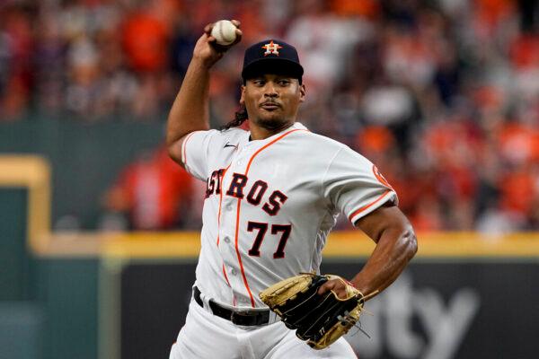 Houston Astros starting pitcher Luis Garcia throws against the Boston Red Sox during the first inning in Game 6 of baseball's American League Championship Series in Houston, Texas, on Oct. 22, 2021. (Tony Gutierrez/AP Photo)